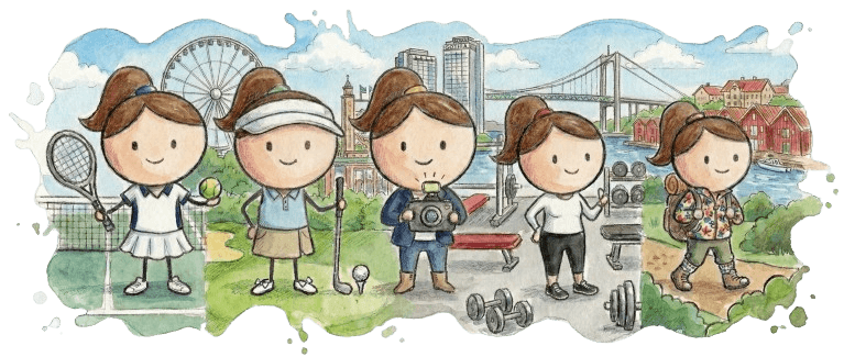 Watercolor illustration showing hobbies: tennis, golf, photography, gym, and hiking with Gothenburg landmarks